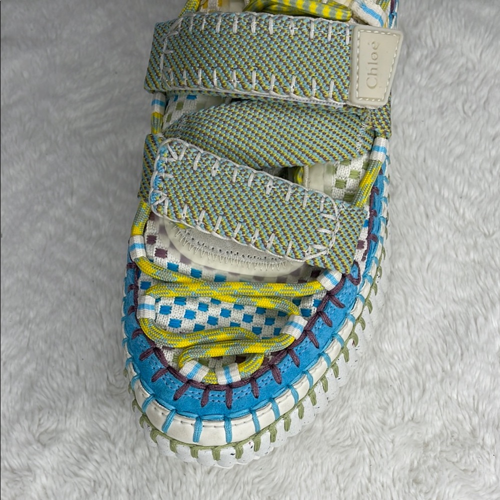 Chloe Vibrant Yellow and Blue Sneakers with Geometric Pattern - Picture 4 of 6